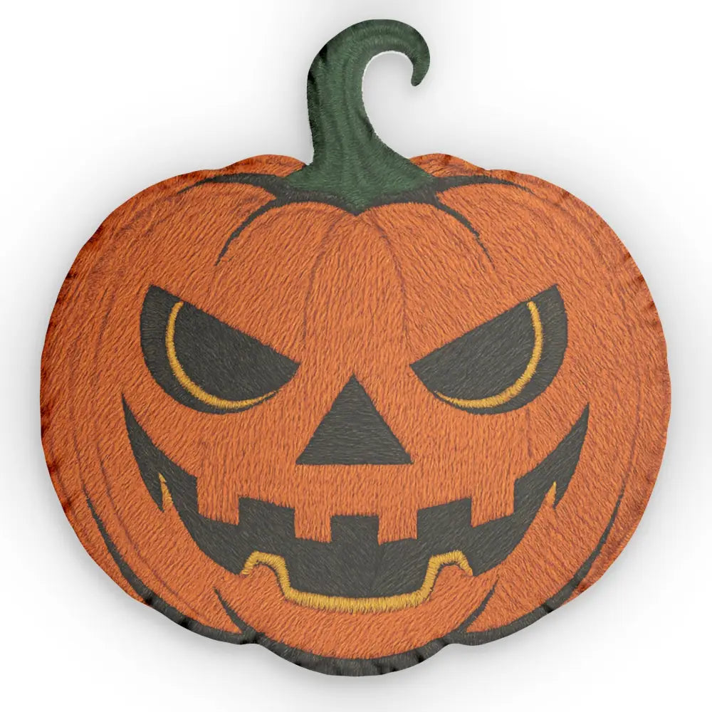 Embroidered Jack-O’-Lantern pillow with menacing face, spooky Halloween home decor from Honson Ventures Limited