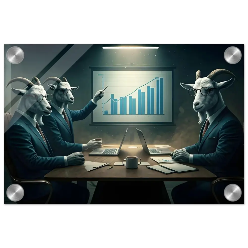 Goat executives discussing the Quarterly Goat Earnings Report in a sleek acrylic display