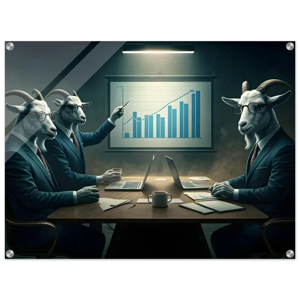 Goat executives in a business meeting showcasing Quarterly Goat Earnings Report Acrylic Print