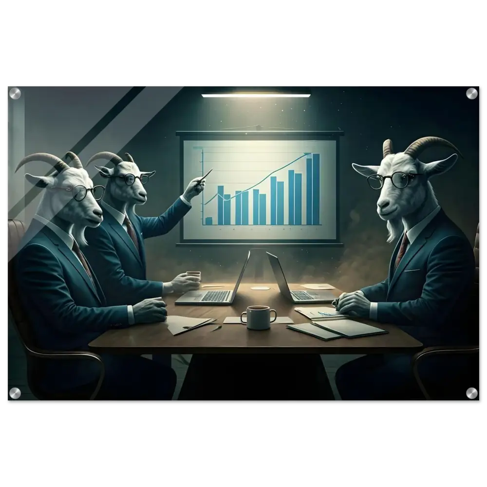 Goat-headed business executives discussing a Quarterly Goat Earnings Report at a meeting