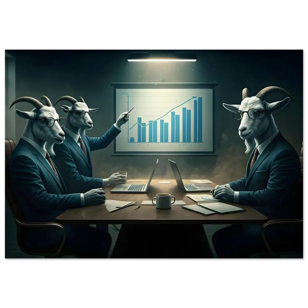 Goat-headed business executives discussing quarterly earnings report at a modern metal display meeting