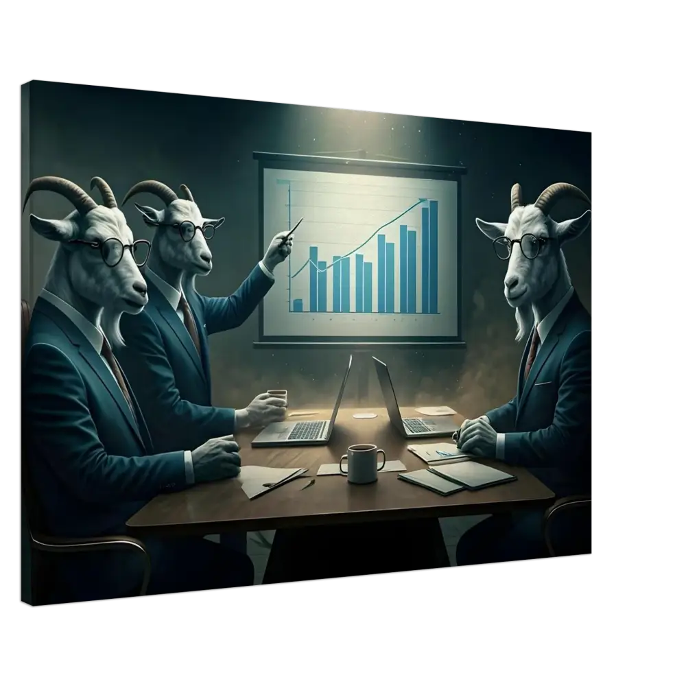 Goat-headed business executives analyzing quarterly earnings in a corporate meeting scene