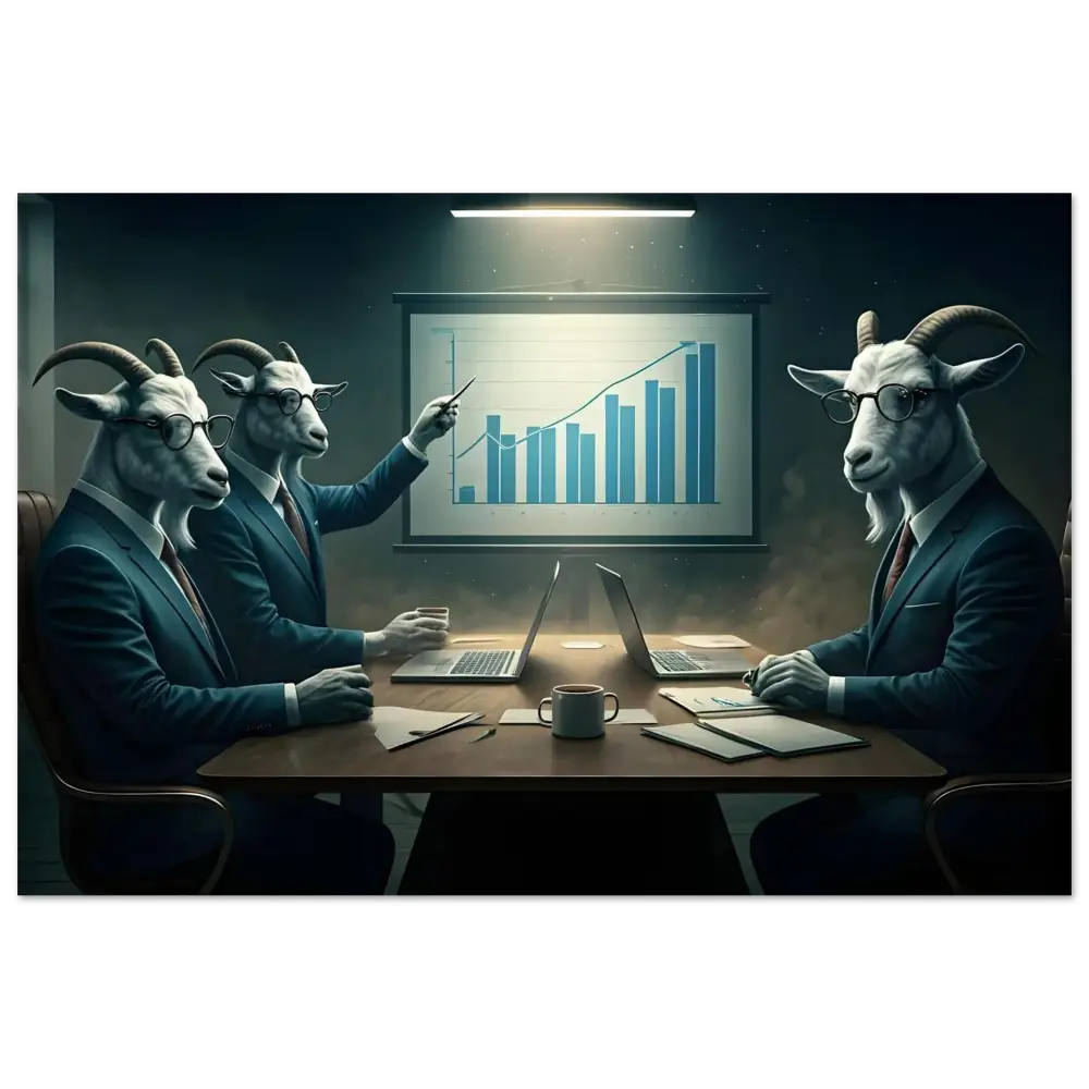 Goat-headed business team featured in Quarterly Goat Earnings Report Fine Art Poster