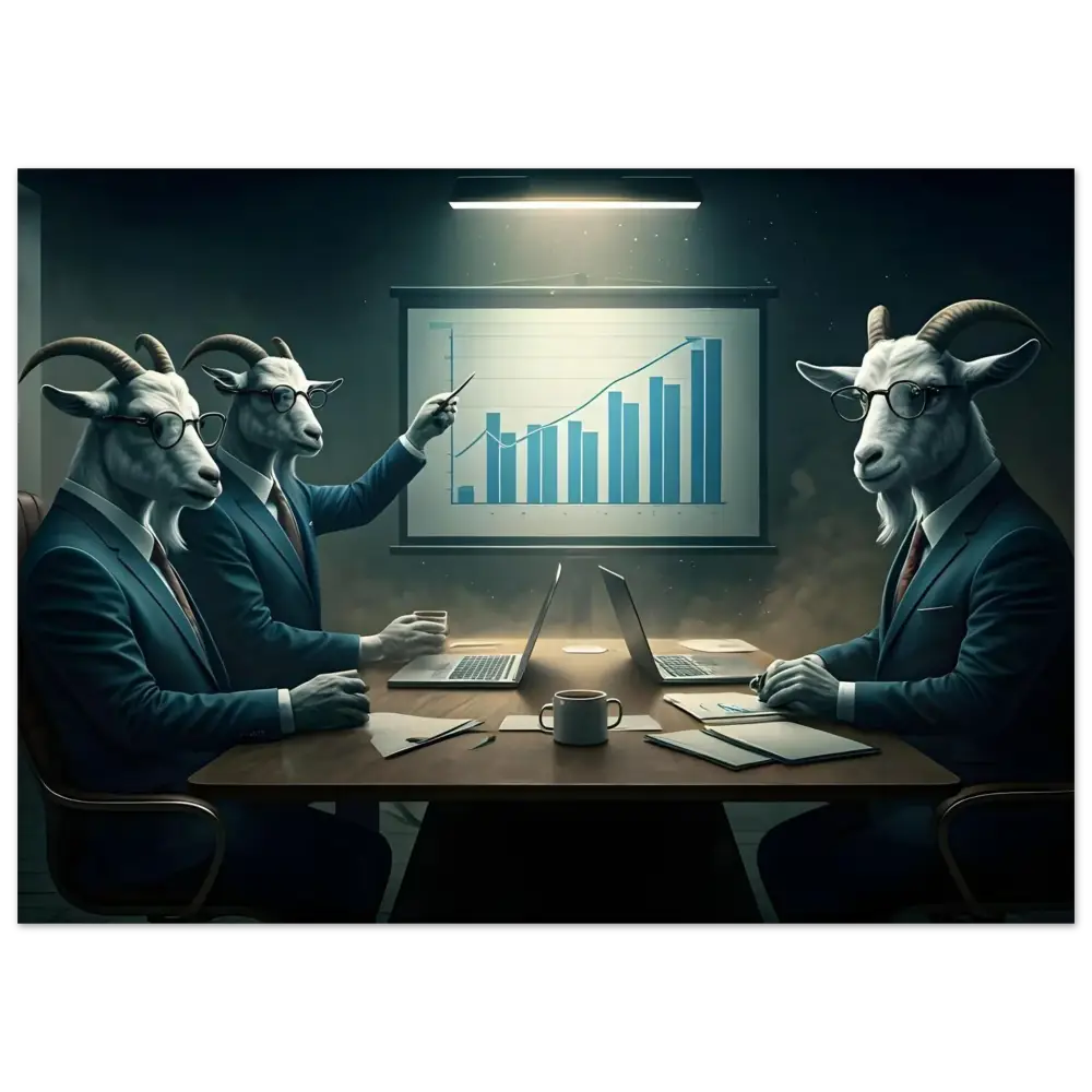 Goat-headed business team illustration on Quarterly Goat Earnings Report Fine Art Poster