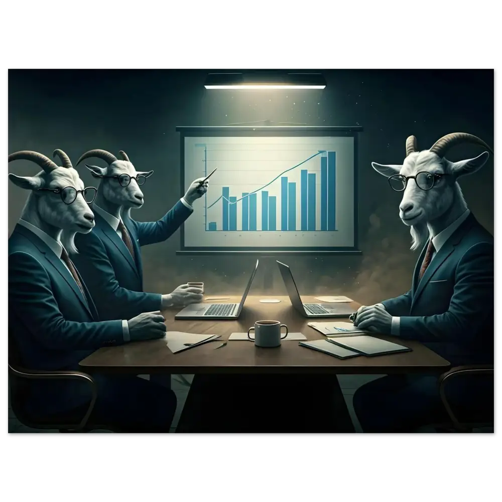 Goat executives analyzing charts in the Quarterly Goat Earnings Report Fine Art Poster