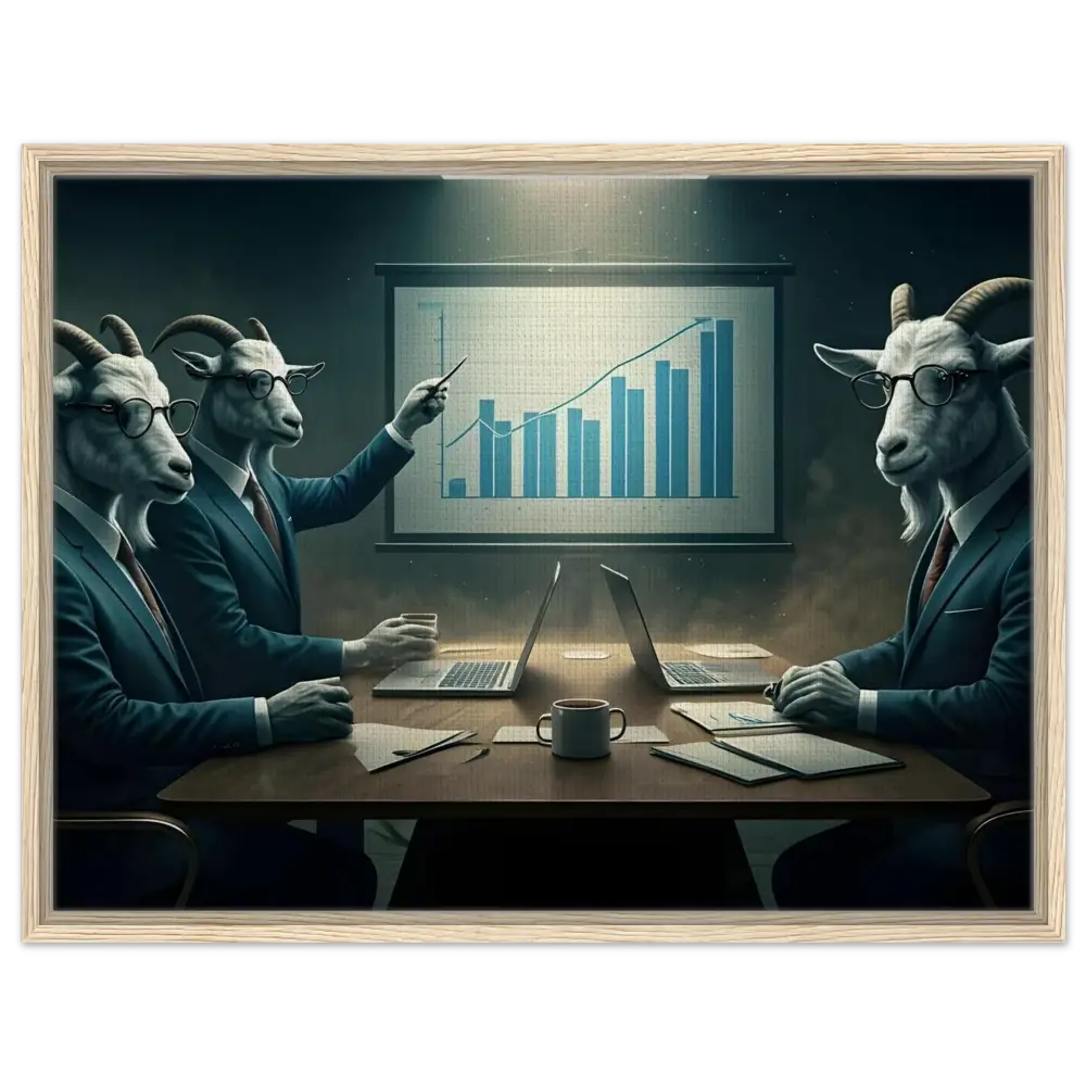 Goat executives analyzing a financial graph in Quarterly Goat Earnings Report framed canvas