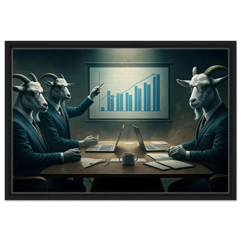 Goat-headed business team displayed on framed canvas for Quarterly Goat Earnings Report