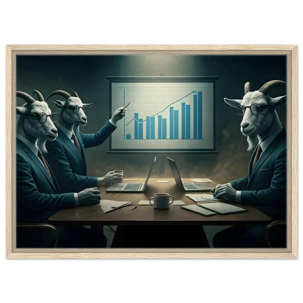 Framed Goat Business Meeting artwork from Quarterly Goat Earnings Report on PixiOnyx Canvas