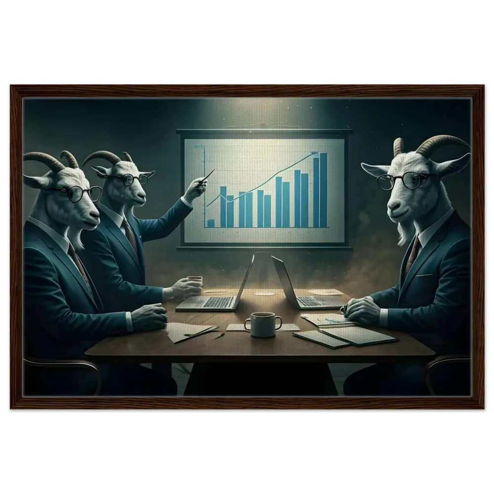 Goat-headed business executives discussing the Quarterly Goat Earnings Report on a framed canvas