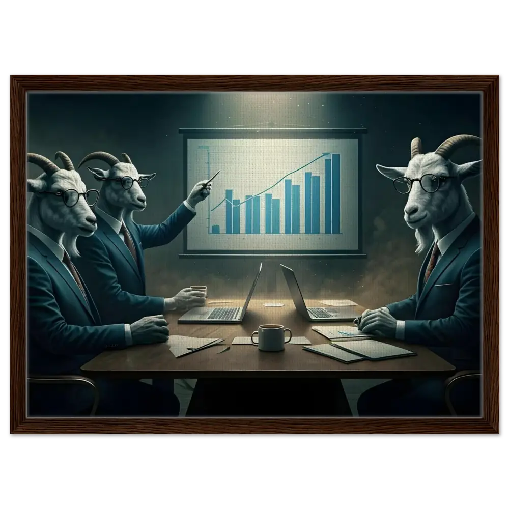 Goat-headed business executives reviewing Quarterly Goat Earnings Report on framed canvas