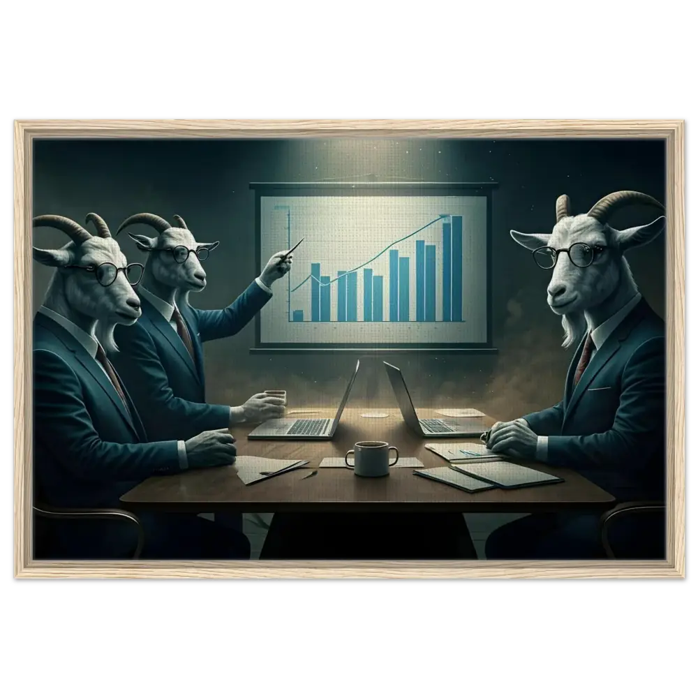 Goat-headed business executives analyzing a chart in Quarterly Goat Earnings Report Canvas