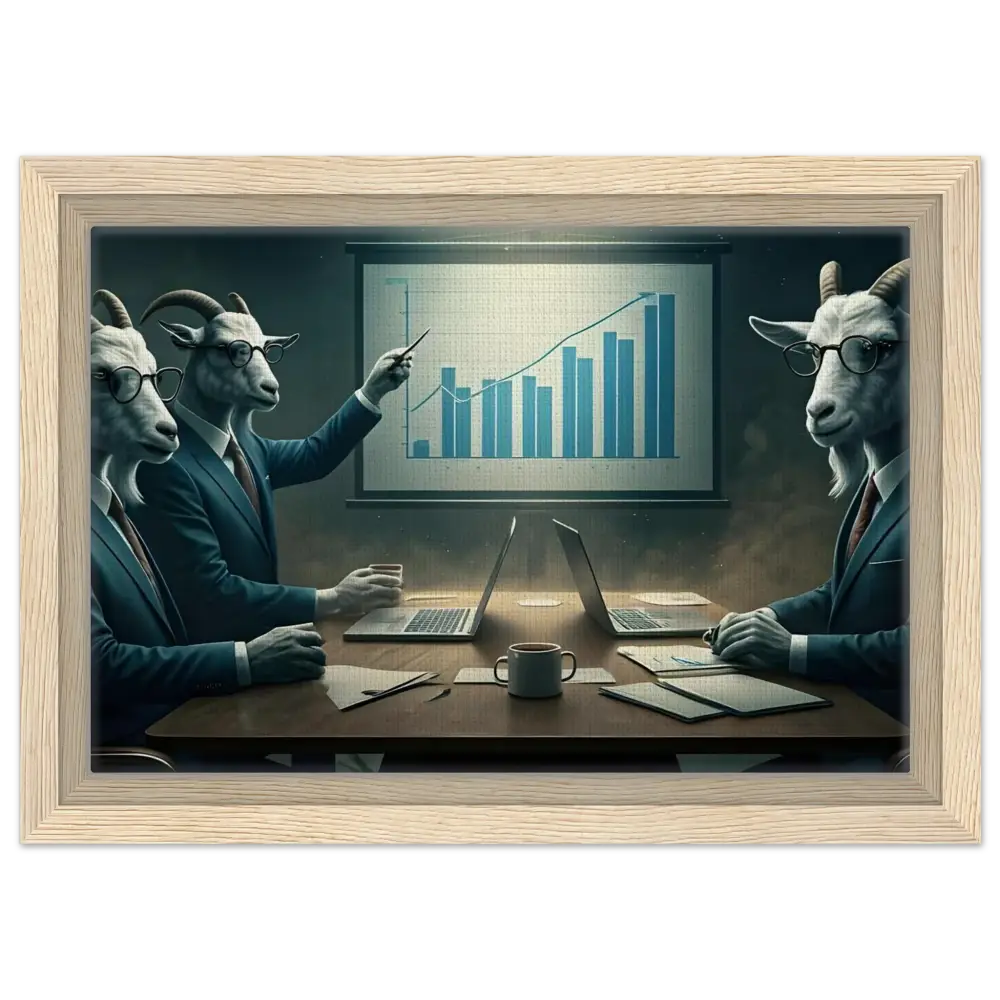 Framed Goat Artwork of Executives Reviewing Bar Graph for Quarterly Earnings Report