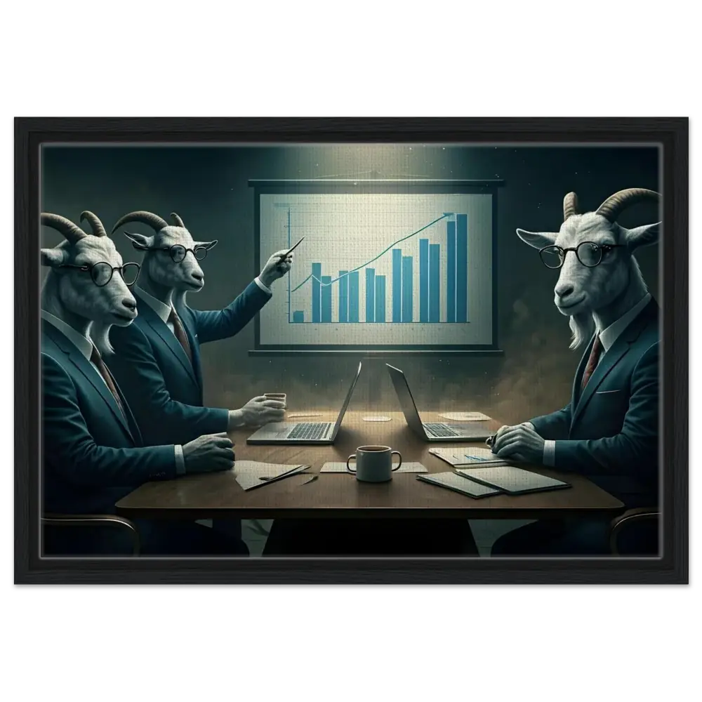 Goat-headed business meeting scene from Quarterly Goat Earnings Report Canvas