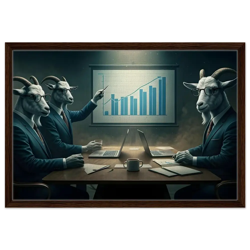 Framed goat business meeting depicted on Quarterly Goat Earnings Report canvas