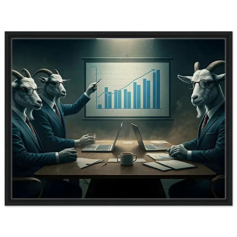 Goat-headed business team analyzing bar graph in Quarterly Goat Earnings Report canvas