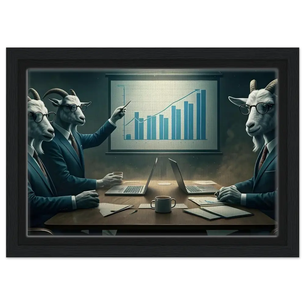 Goat executives analyzing a graph in the Quarterly Goat Earnings Report PixiOnyx Canvas