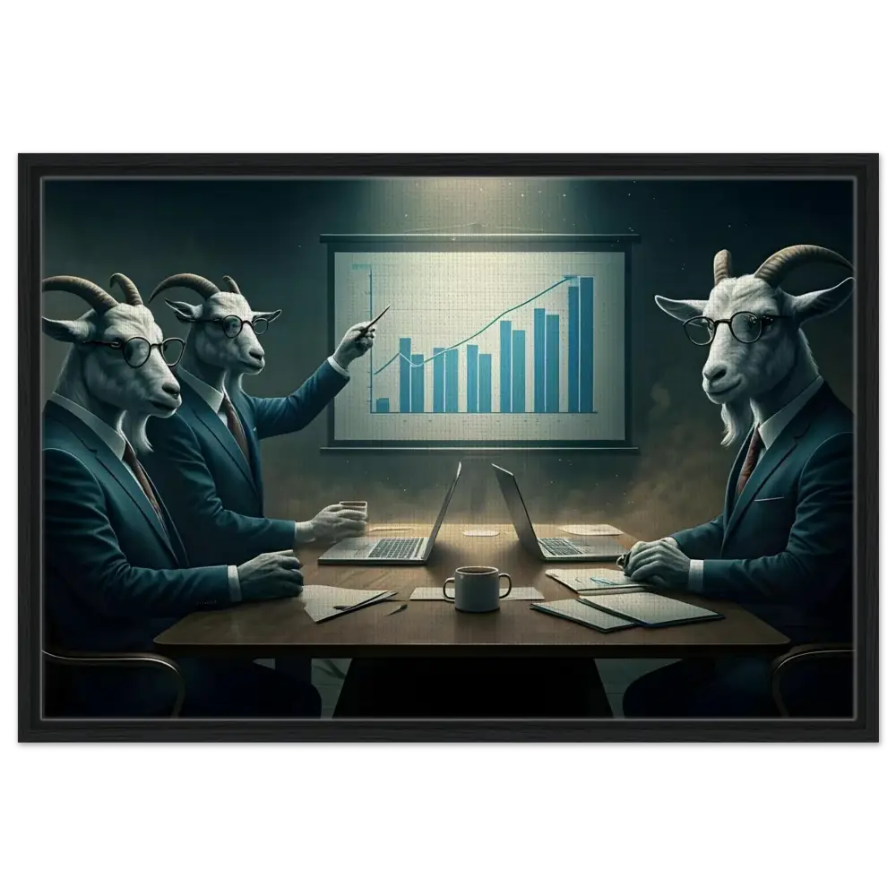 Goat-headed business executives reviewing Quarterly Goat Earnings Report on Framed Canvas
