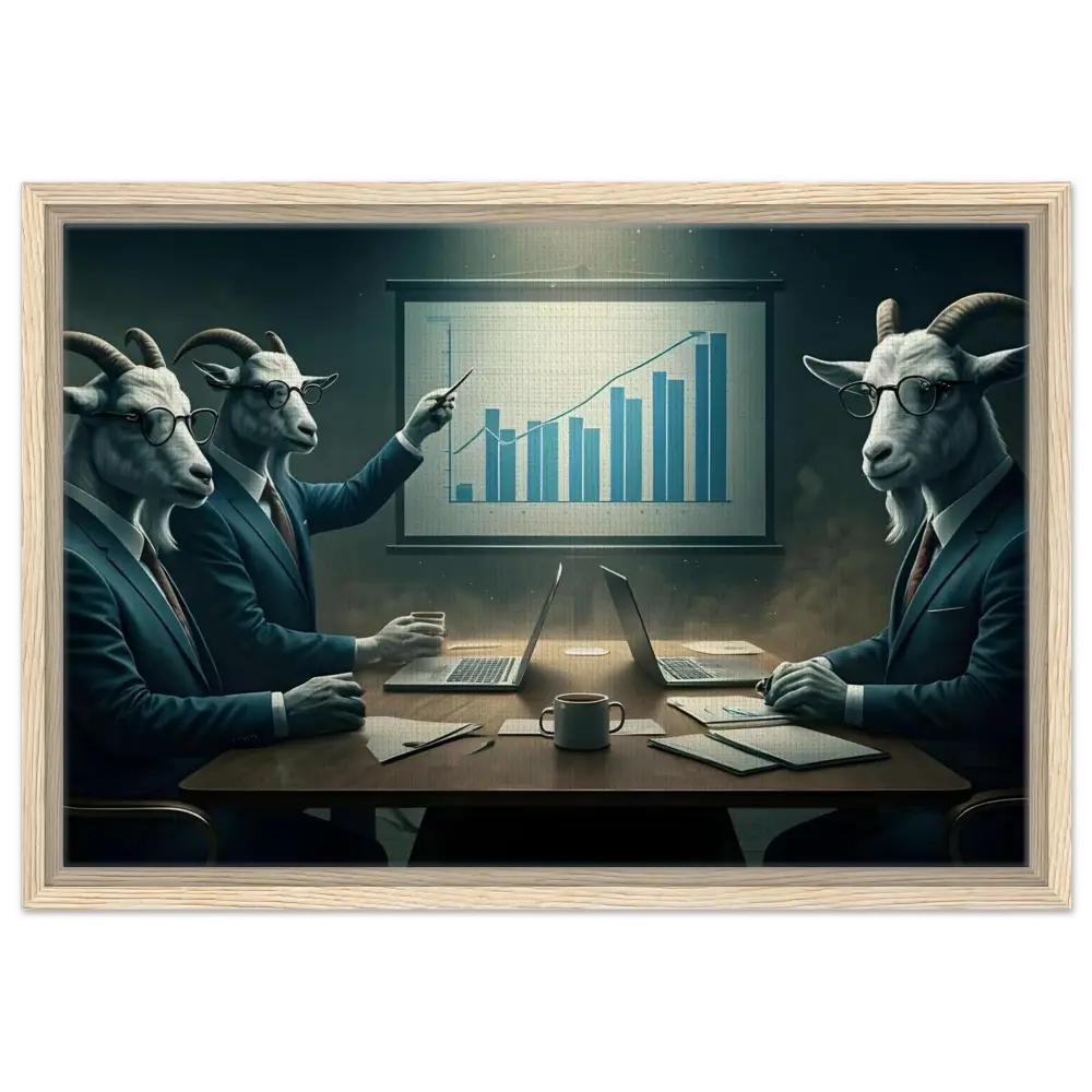 Framed canvas of goat-headed business executives analyzing a chart for PixiOnyx Premium Absurdism