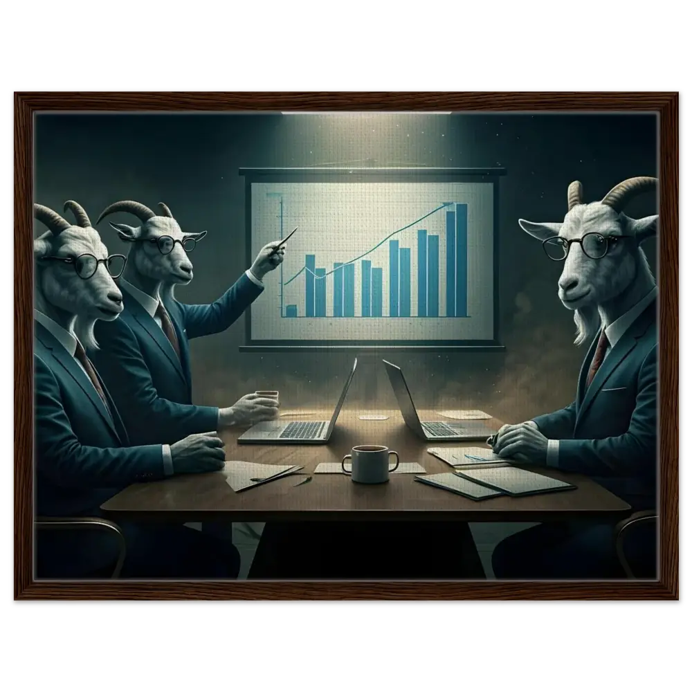 Goat executives analyzing charts in framed canvas for Quarterly Goat Earnings Report PixiOnyx
