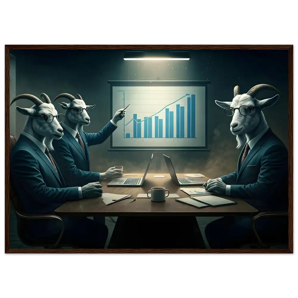 Goat-headed business executives discussing quarterly earnings in a meeting room