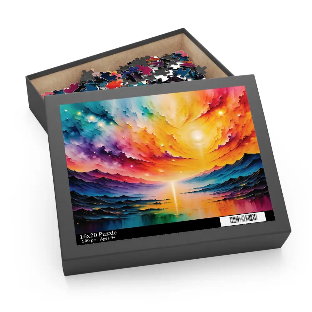 Colorful abstract landscape jigsaw puzzle in open box Radiant Horizon by Honson Ventures Limited at Gnaftis House Flat