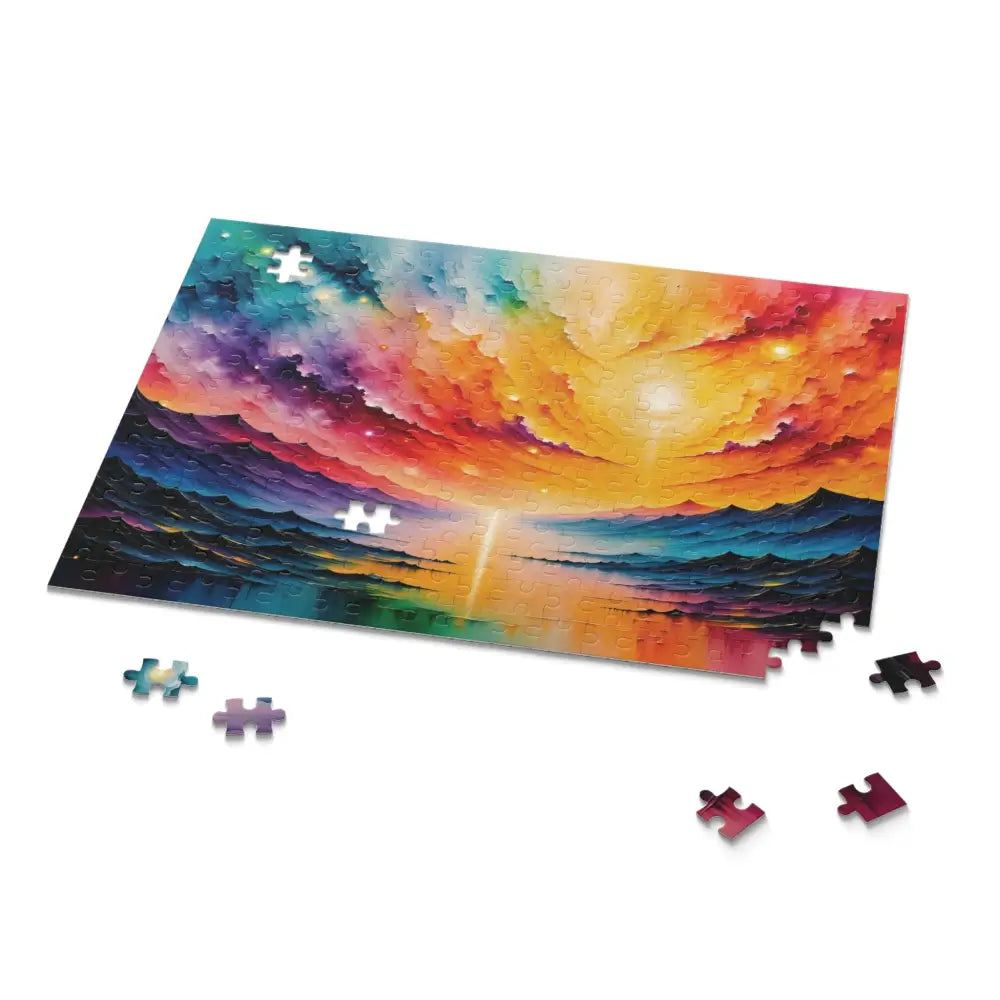 Partially assembled Radiant Horizon puzzle featuring vibrant abstract landscape by Honson Ventures Limited at Gnaftis House Flat