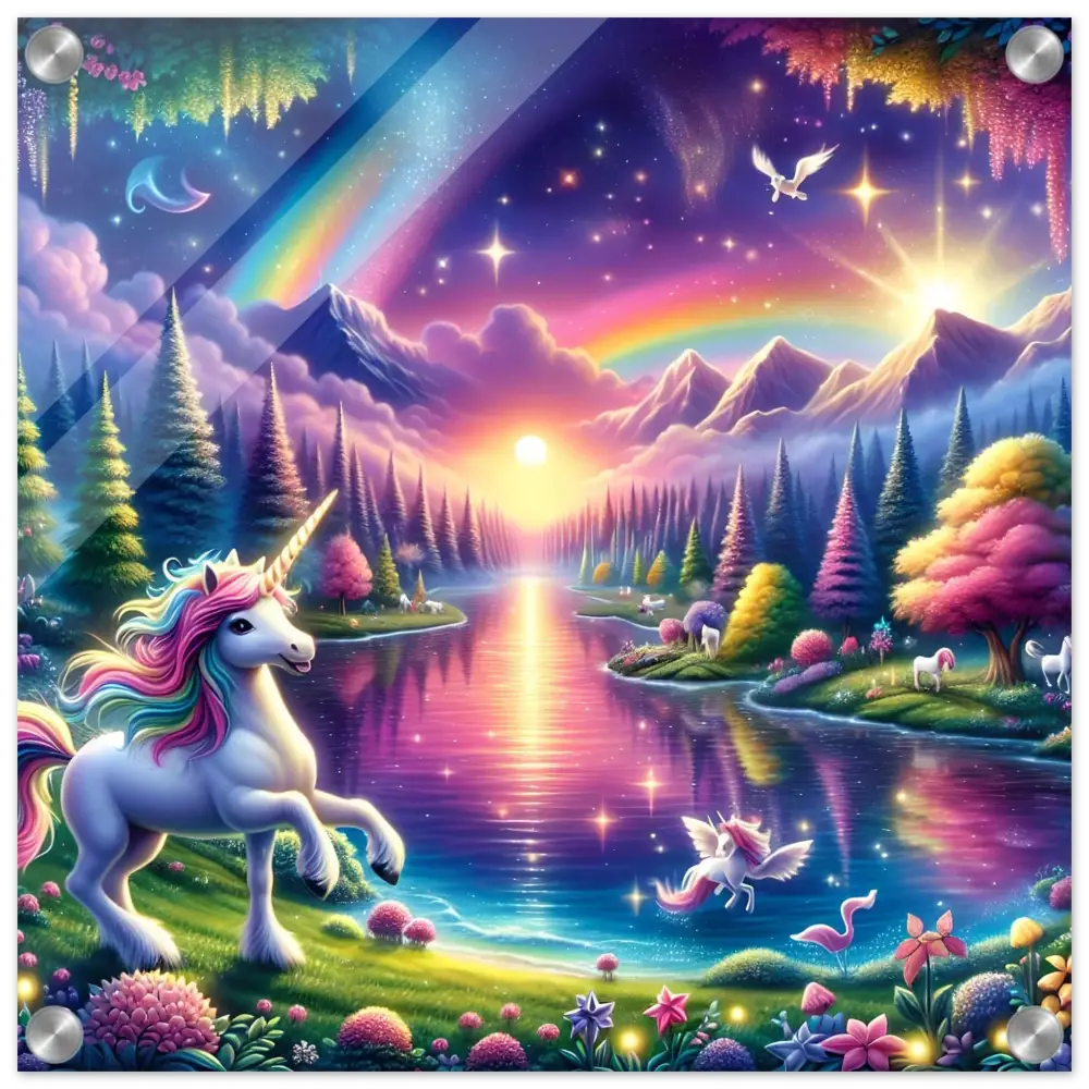 Whimsical unicorn fantasy landscape artwork for Rainbow Unicorn Dreamscape Acrylic Wall Art
