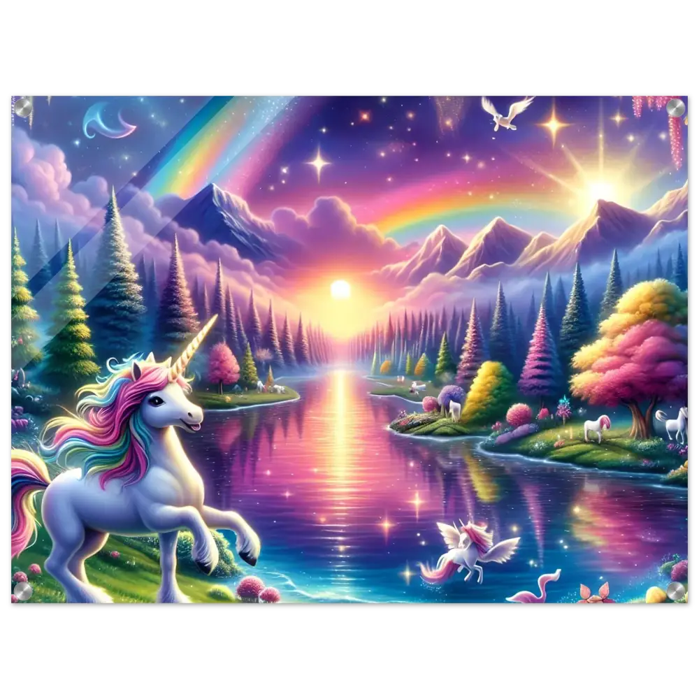 Magical unicorn landscape acrylic wall art featuring vibrant rainbow and dreamy scenery