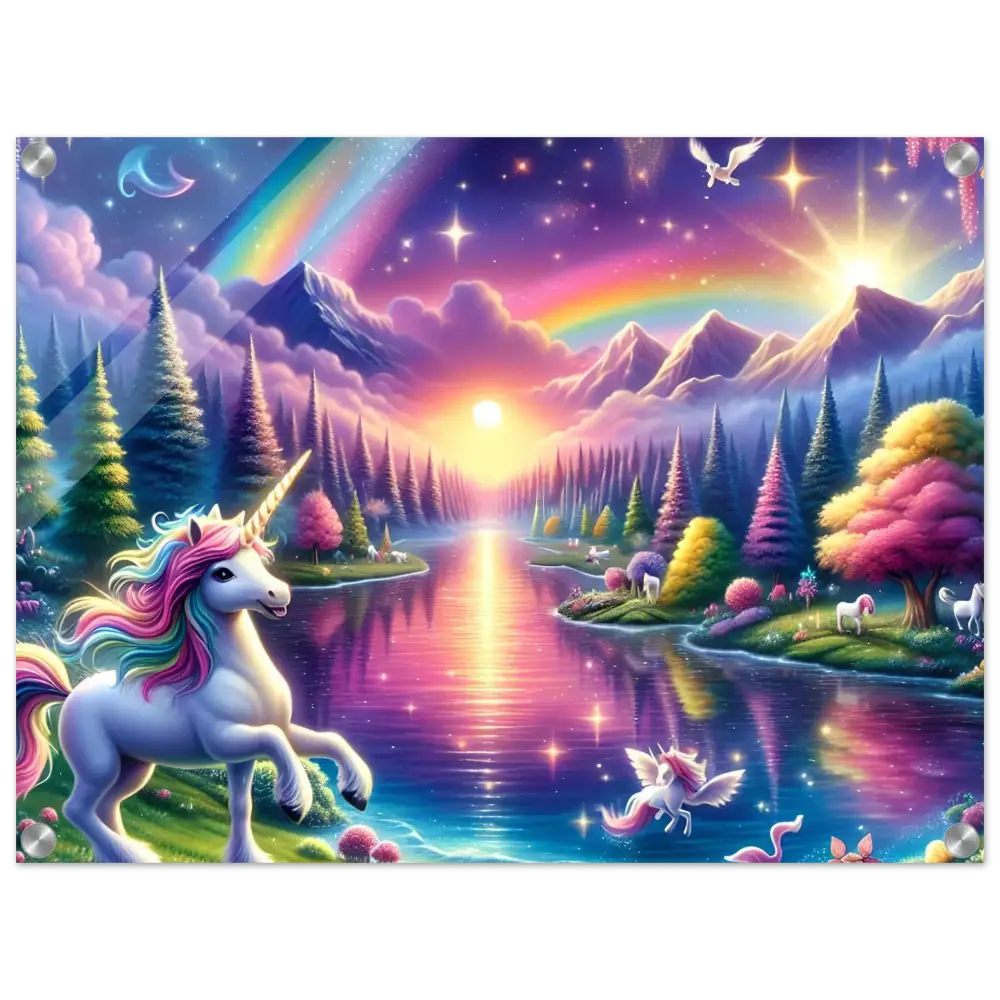 Magical unicorn landscape on Rainbow Unicorn Dreamscape acrylic wall art by PixiOnyx
