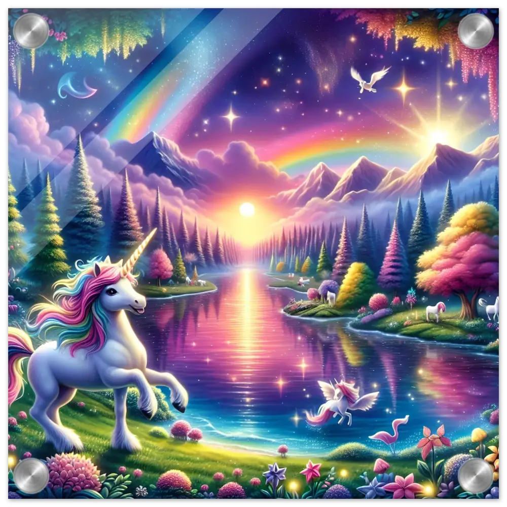 Whimsical unicorn fantasy landscape displayed on Rainbow Unicorn Dreamscape acrylic wall art