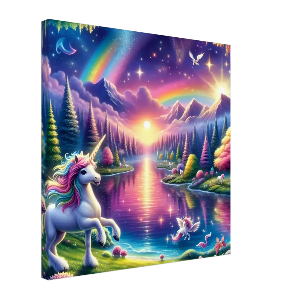 Whimsical unicorn fantasy art on Rainbow Unicorn Fantasy Canvas Vibrant Wall Art PixiOnyx