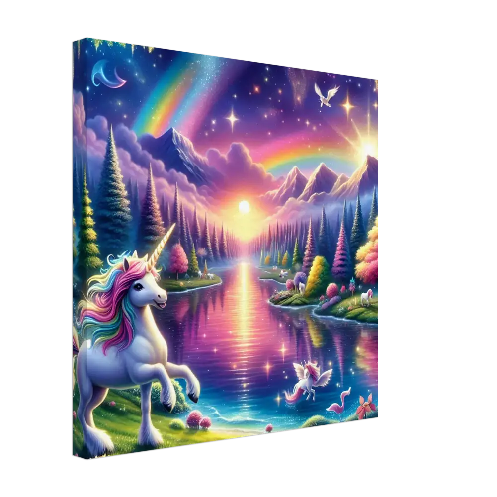 Rainbow unicorn fantasy canvas art displayed on vibrant wall decor by PixiOnyx