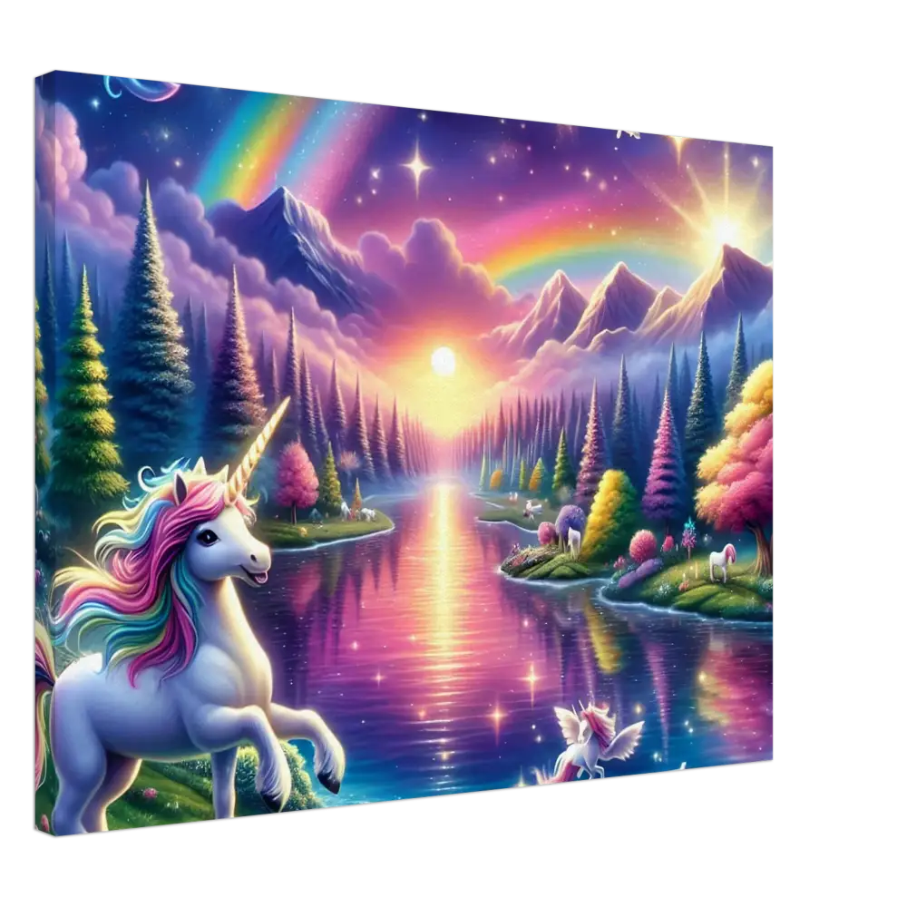 Whimsical unicorn fantasy landscape vibrant wall art on Rainbow Unicorn Fantasy Canvas