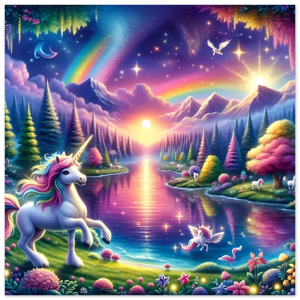 Whimsical unicorn fantasy landscape on Rainbow Unicorn Forest Fine Art Poster by PixiOnyx