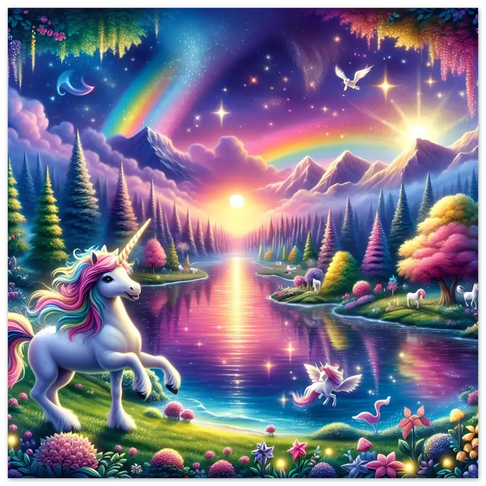 Colorful unicorn fantasy landscape from Rainbow Unicorn Forest Fine Art Poster PixiOnyx