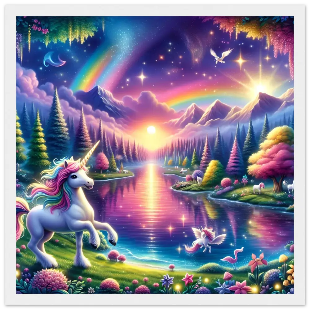 Fantasy unicorn landscape poster featuring a magical rainbow unicorn scene in vibrant colors