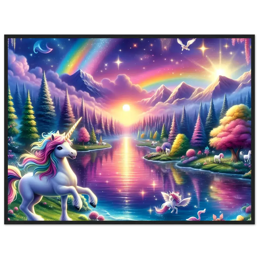 Fantasy unicorn landscape in vibrant colors for Rainbow Unicorn Forest poster