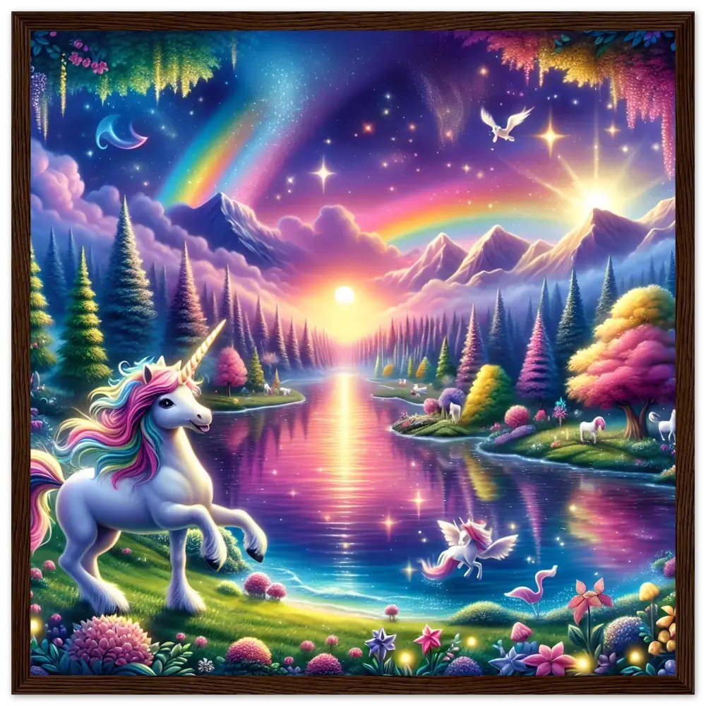 Magical unicorn landscape showcased in Rainbow Unicorn Forest Framed Poster by PixiOnyx