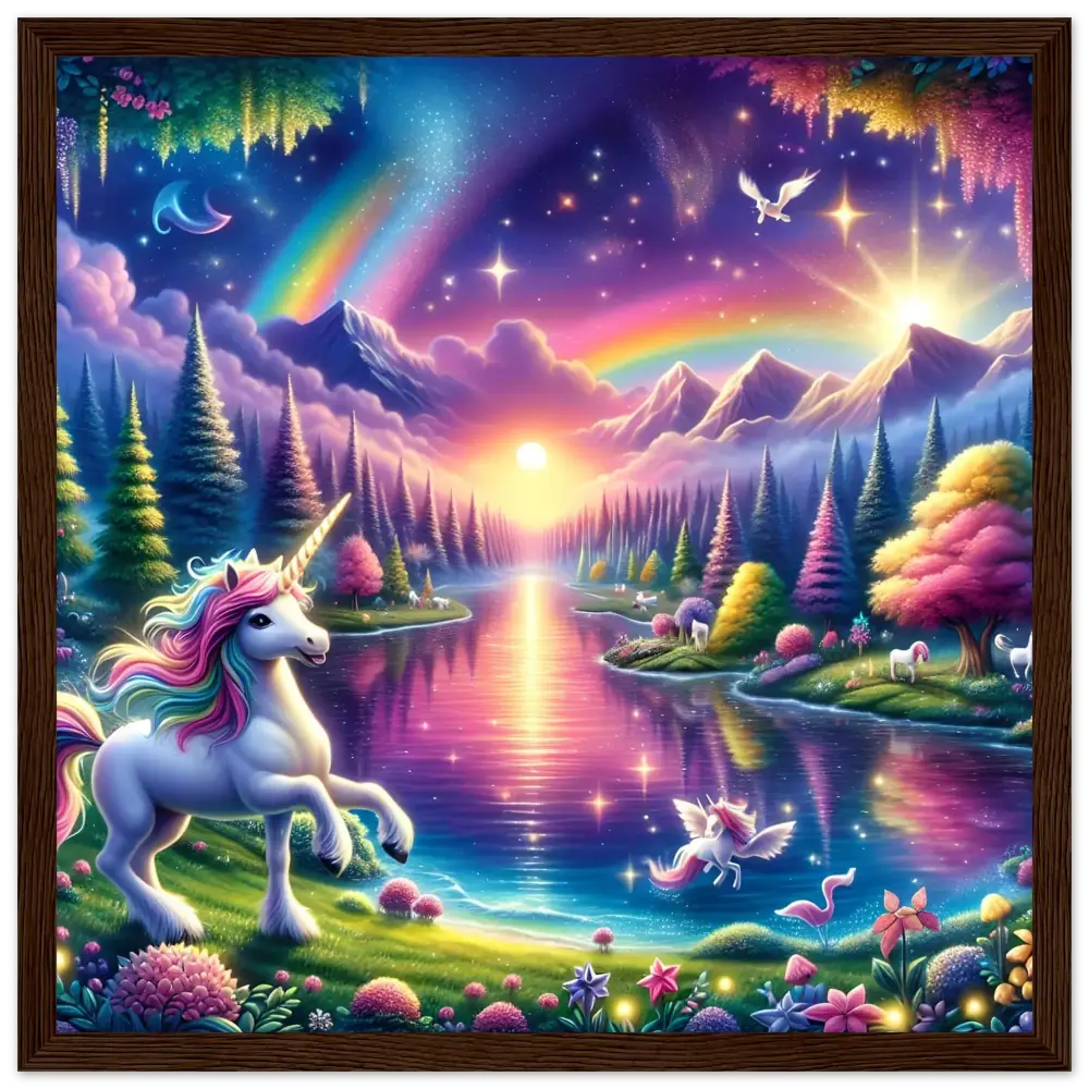 Magical unicorn landscape vibrant rainbow colors in a Forest setting on PixiOnyx poster