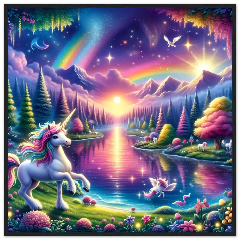 Colorful unicorn fantasy landscape displayed on Rainbow Unicorn Forest framed poster