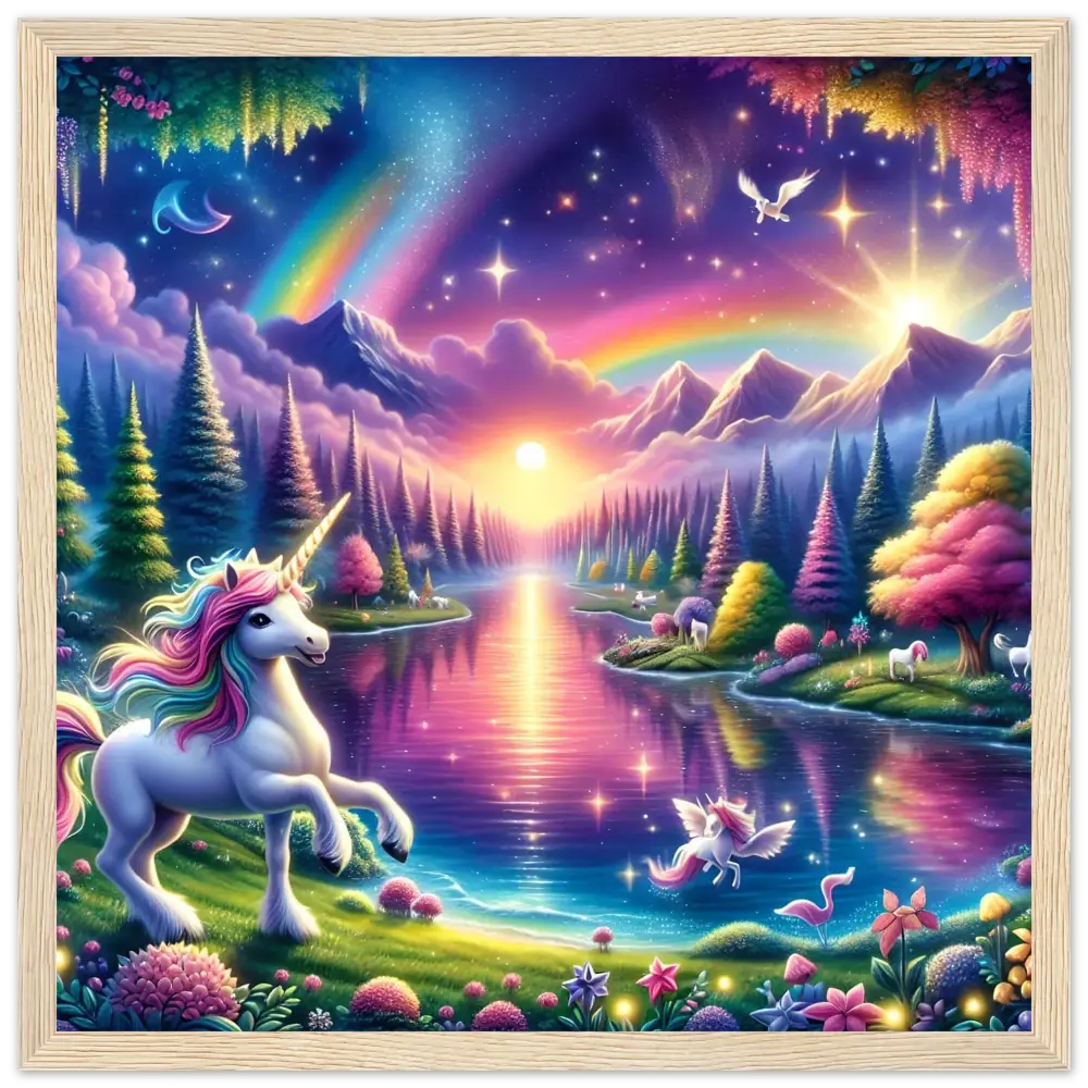 Framed unicorn fantasy landscape poster from Rainbow Unicorn Forest by PixiOnyx