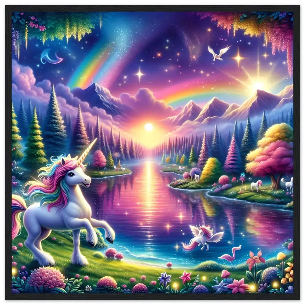 Fantasy unicorn landscape in a colorful Rainbow Unicorn Forest framed poster