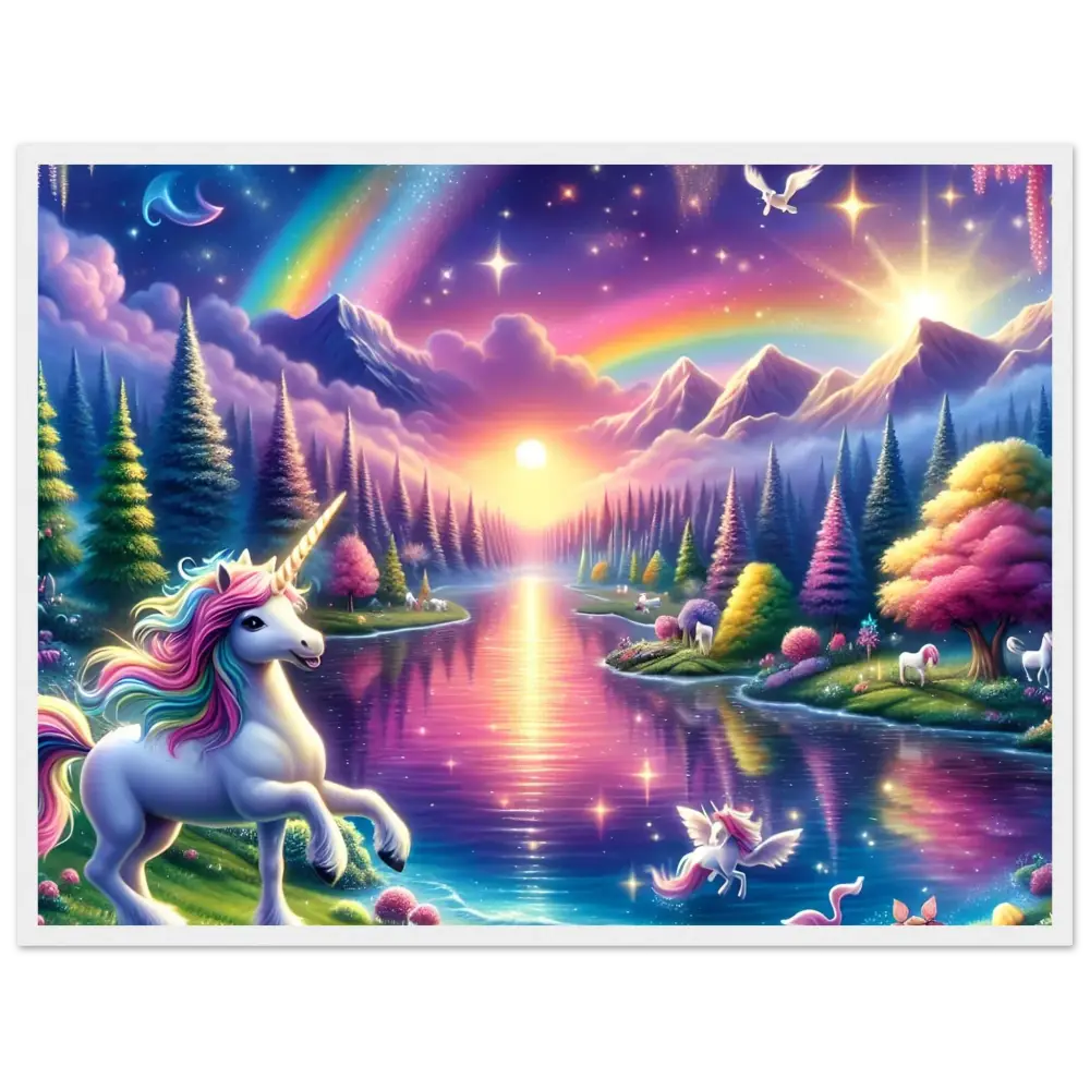Whimsical unicorn fantasy landscape poster for Rainbow Unicorn Forest PixiOnyx exclusive