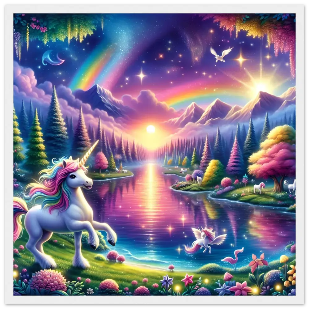 Fantasy unicorn landscape in Rainbow Unicorn Forest framed semi-glossy poster by PixiOnyx