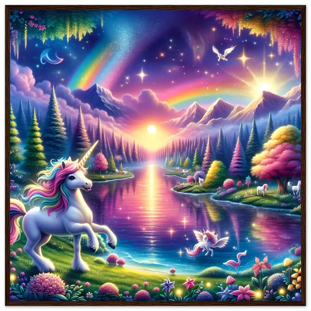 Magical unicorn fantasy landscape on Rainbow Unicorn Forest framed semi-glossy poster