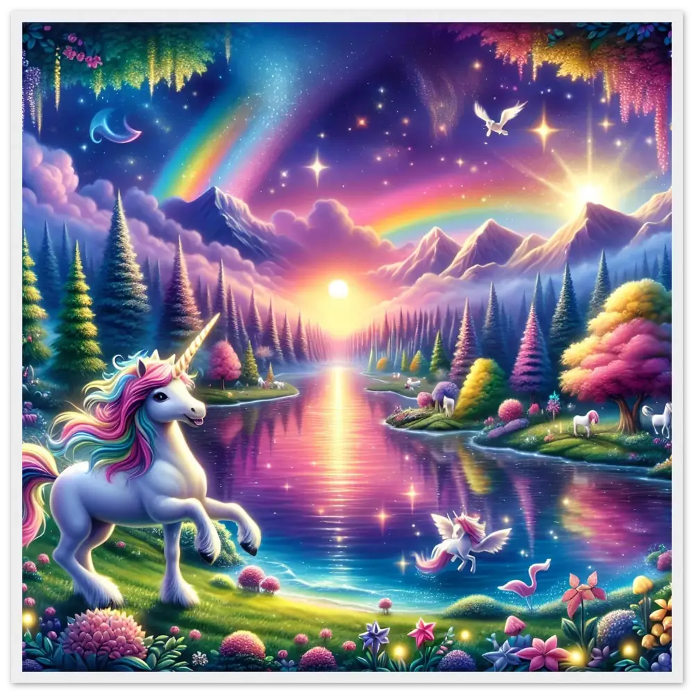 Whimsical Unicorn Fantasy Landscape Poster for Rainbow Unicorn Forest PixiOnyx Exclusive
