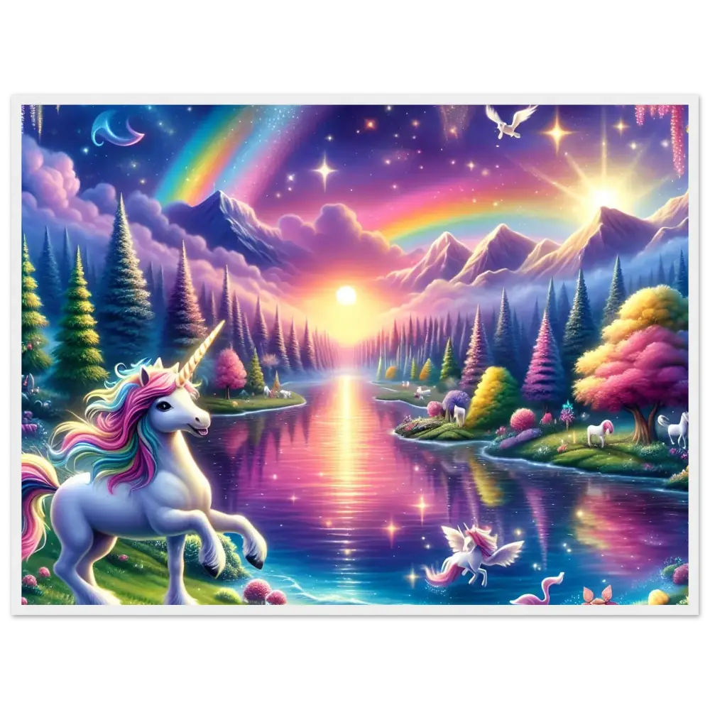 Fantasy unicorn landscape displayed on Rainbow Unicorn Forest framed semi-glossy poster