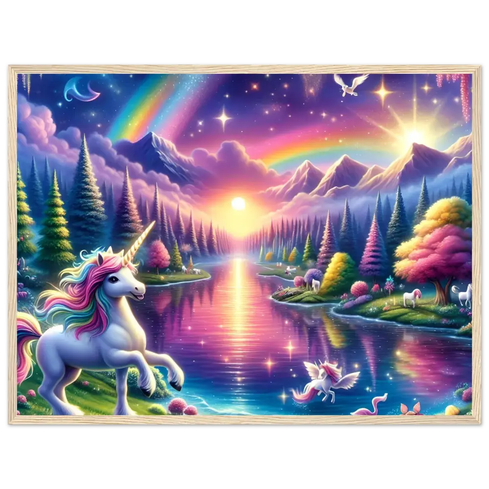 Whimsical unicorn fantasy landscape poster from Rainbow Unicorn Forest PixiOnyx collection