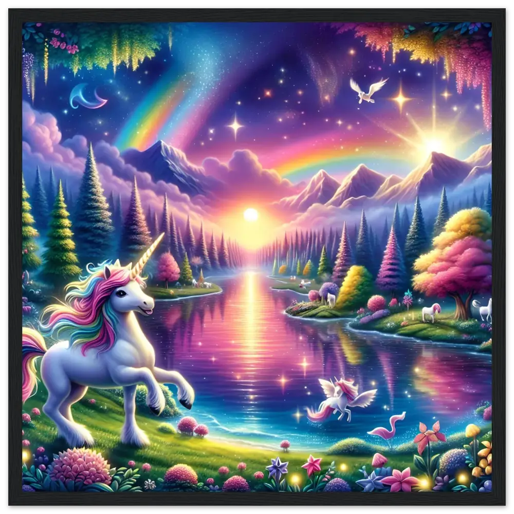 Whimsical unicorn fantasy landscape poster from Rainbow Unicorn Forest PixiOnyx Exclusive