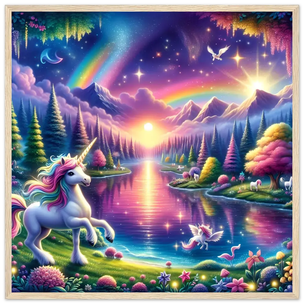 Magical unicorn landscape vibrant framed semi-glossy poster Rainbow Unicorn Forest PixiOnyx